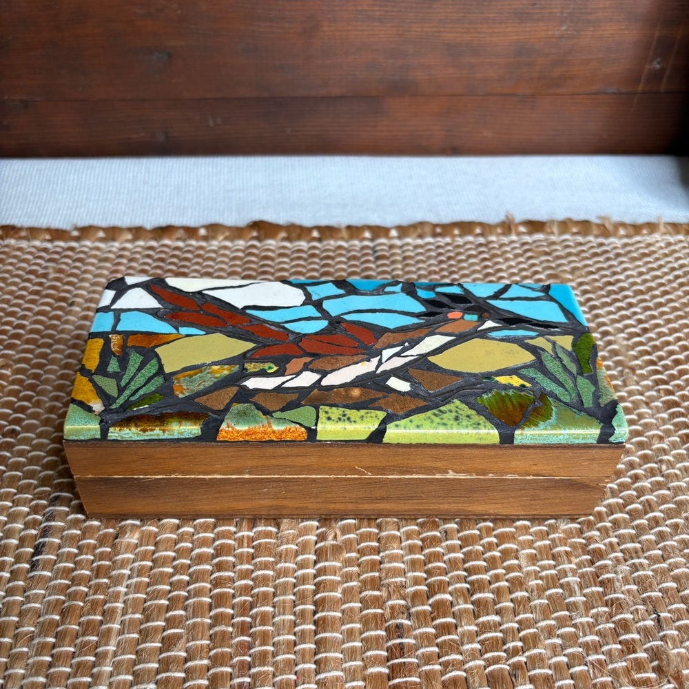 Vintage Handmade Mosaic Roadrunner Wooden Box With Hinged Lid